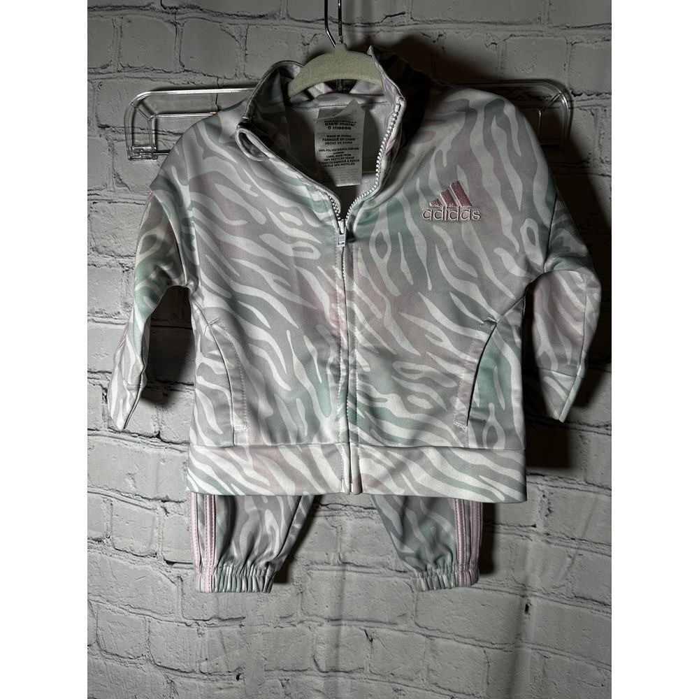 Adidas Baby Girls 6 Months Zebra Print Tracksuit Pastel Pink Mint 2pc Set